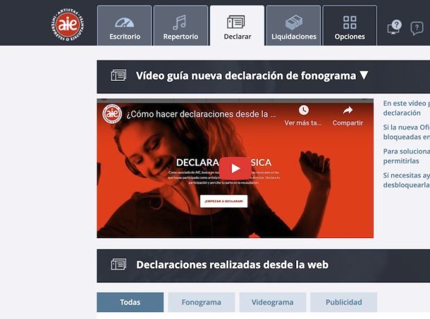 Plataforma de registro online de AIE (sociedad de intérpretes).