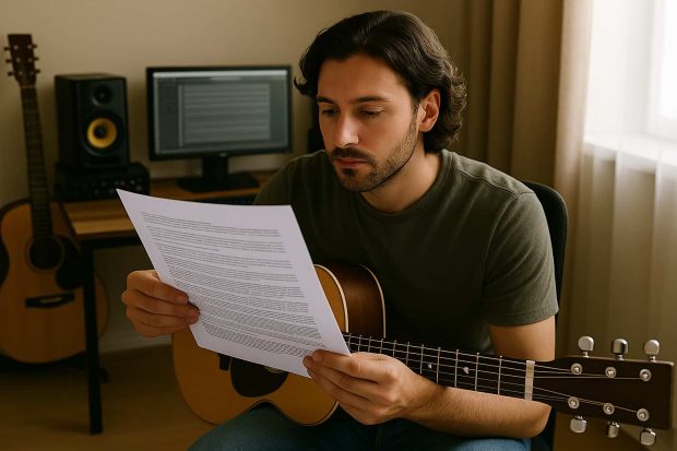 Compositor revisando un contrato editorial o de publishing