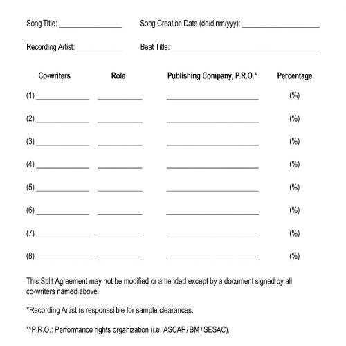 ejemplo de split sheet para indicar los compositores de una canción